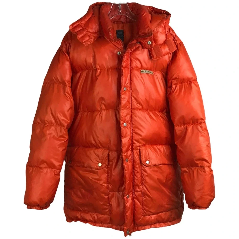 Adidas Puffer Jacket Mens Sz‎ M Bright Orange Detachable Hood Snap Zip Up